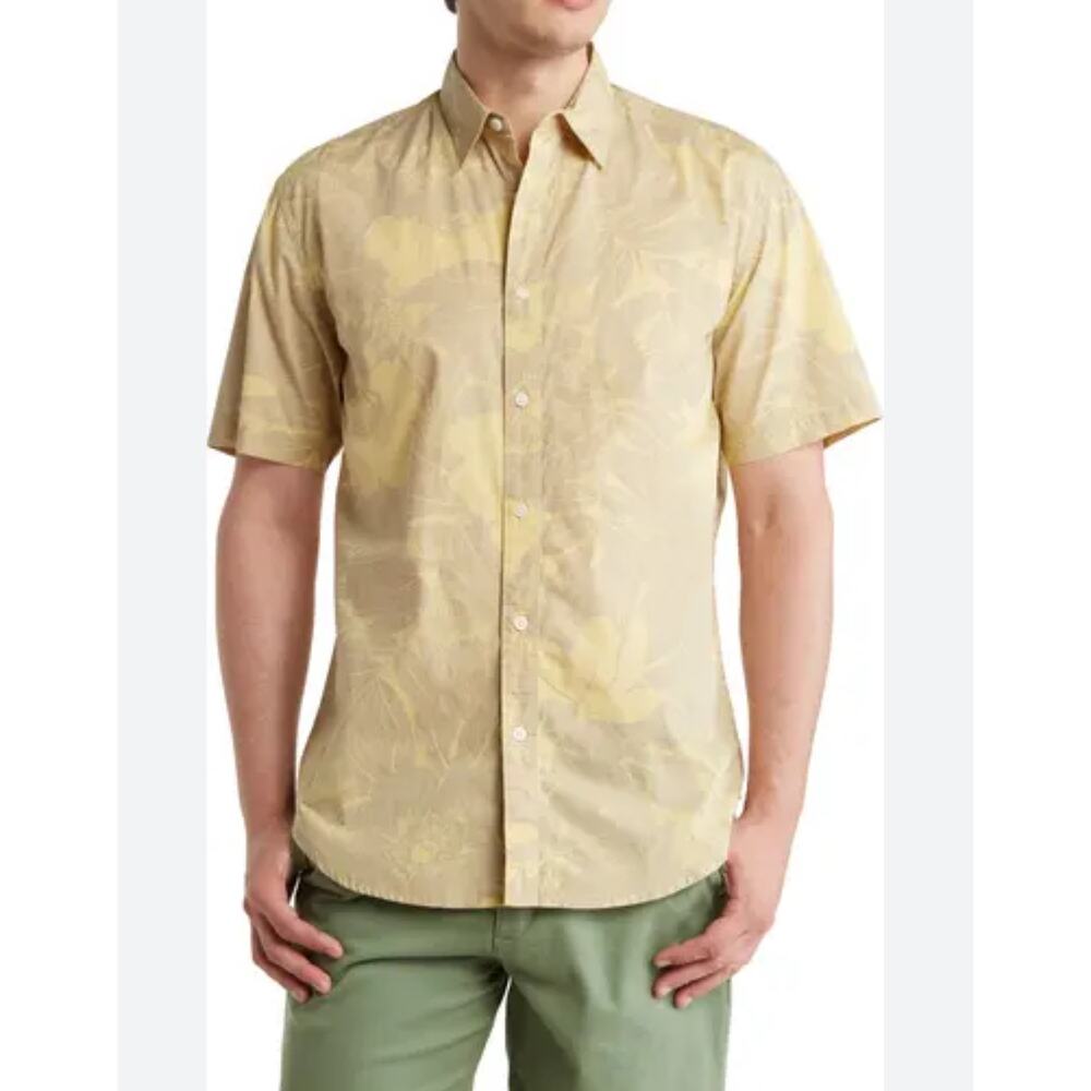 Coastaoro Shirt Button Up Short Sleeves 100% Cotton Floral Yellow/Gray M S NWT